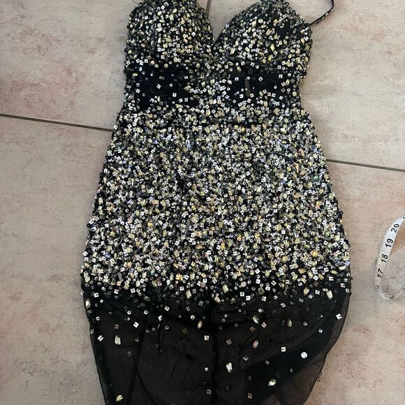 Sequence short prom dress evening event dress sequin beaded lace see thru dress - Picture 7 of 11